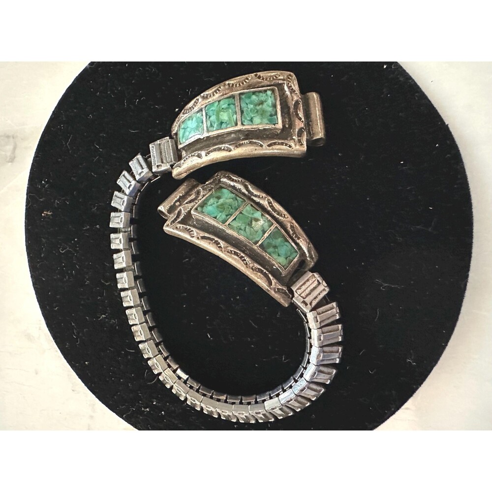 Vtg Native American Sterling Silver Turquoise Inlay Watch Tips Speidel Band